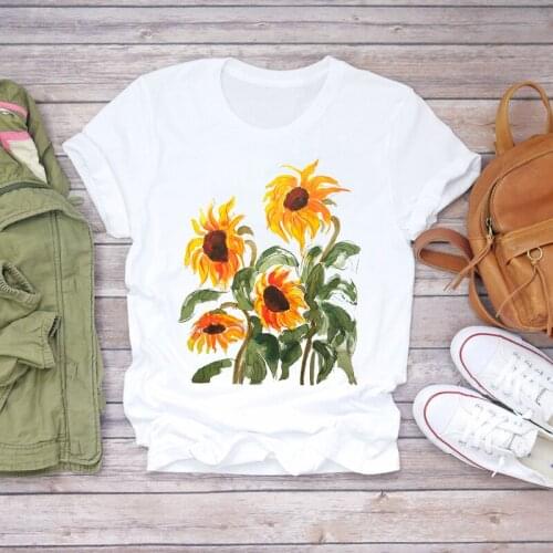 Women Summer Sunflower Watercolor Flower Floral Lady Fashion Print T-shirts Top T Shirt Ladies Womens Graphic Female Tee T-Shirt