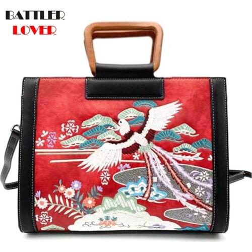 Women Vintage Embroidery Handbags Luxury Designer Shoulder Purses Female Beach Brand Beach Casual Totes Lady Crane Printing Bags
