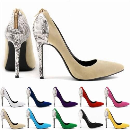Hot Thin High heels Female Shoes Woman Pumps Sexy Wedding Party Pointed Toe Flock 11CM Slip On ZIP Serpentine 2020 size 35-42