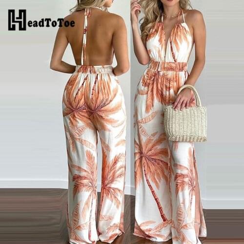 Boho Tropical Print Sexy Backless Halter V Neck Jumpsuit Women Casual Summer One Piece Overalls