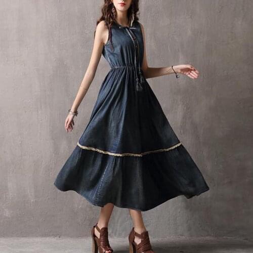 Free Shipping 2020 Fashion Vintage Women Long Mid-calf Sleeveless Summer Denim Cotton S-XL Dresses Tassels High Quality Dresses