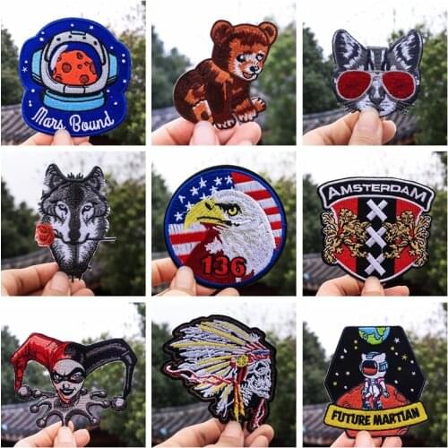 1PCS Punk The flower Wolf patches of eagle animals,astronaut,clown,Bear cub, Cat in sunglasses, applique, ironing,, denim badges