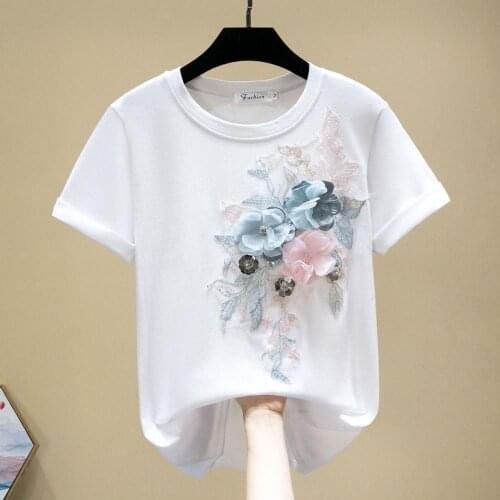 2020 3D flower embroidery T Shirt Women Summer O-Neck Casual Print Tops Women Cotton Short Sleeve Funny Tshirt Female Harajuku