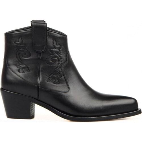 FootCourt- Black Cowboy Ankle Boots Western Ankle Boots Cowgirl Design New Style Best Seller Pointed Toe Fashion Shoes Ladies