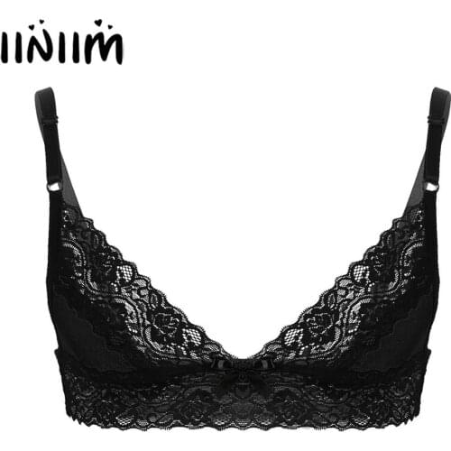 Iiniim Mens Gay Erotic Lingerie lovers Bras Tops for Sissy Parties Spaghetti Straps Floral Lace Trim Wire-free Unlined Bra Tops