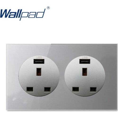 Wallpad Double 13A UK Socket With USB British Standard Twin Panel Grey Crystal Tempered Glass Panel 3x6 146mm UK Standard