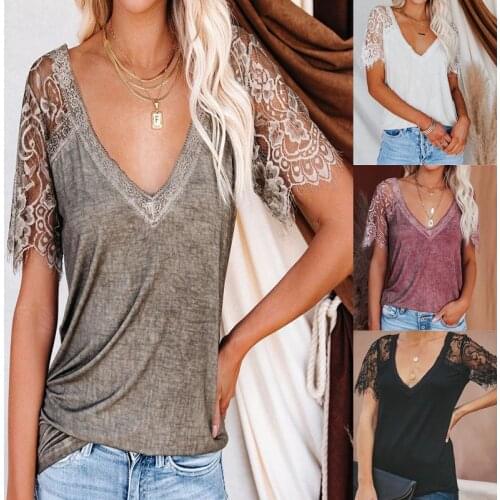 Womens Fashion V-neck Solid Color Short Sleeve T-shirt Summer Casual Feather Lace Lace Sleeve Ladies Tops T-shirt Femme