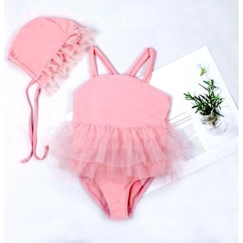 Baby Girl Swimsuit Romper Ruffle Lace Hem Sleeveless Sling Beach Clothes Summer Swimming Wear With Lace Up Swimming Cap