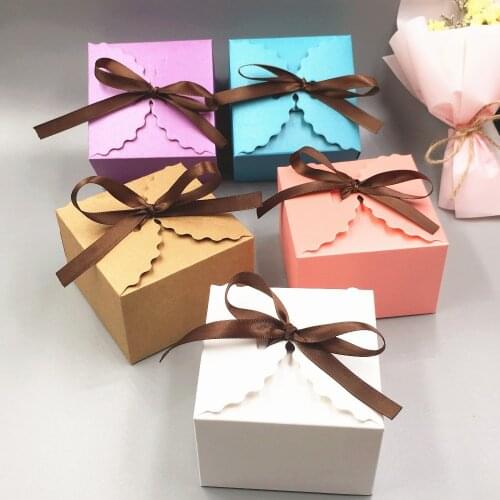 50pcs Paper Colorful Wedding Party Favors Candy Boxes+Ribbon,Handmade Gifts Packaging Box Square Gift Box Fox Cake/Chocolate