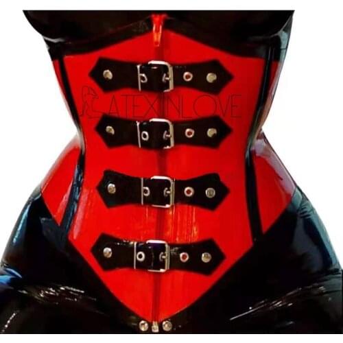 Sexy 1mm Red Latex Gummi Rubber Corset Steel Bones Front Buckle zipper Back Lace Up Bustiers Top