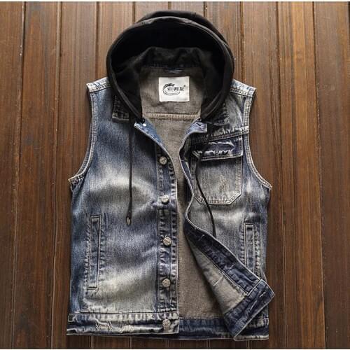 Hooded Men Jean Denim Sleeveless Jacket Coat Autumn Biker Outwear Japan Style Vintage Casual Slim Vest High Quality