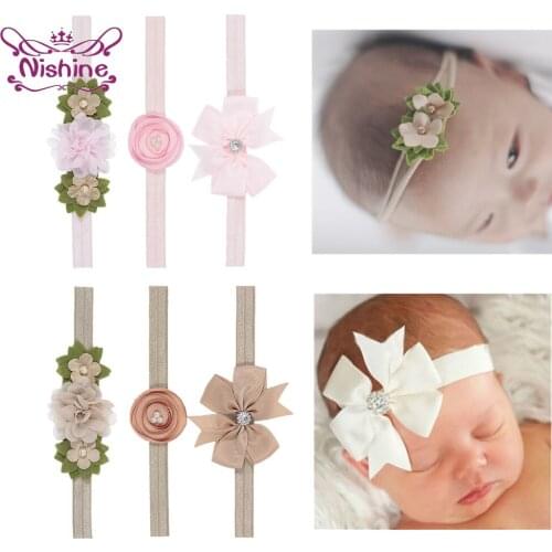 Nishine 3pcs/lot Cute Baby Girl Headbands Newborn Bows Flower Headband Elastic Kids Toddlers Hair Band Hair Accessories