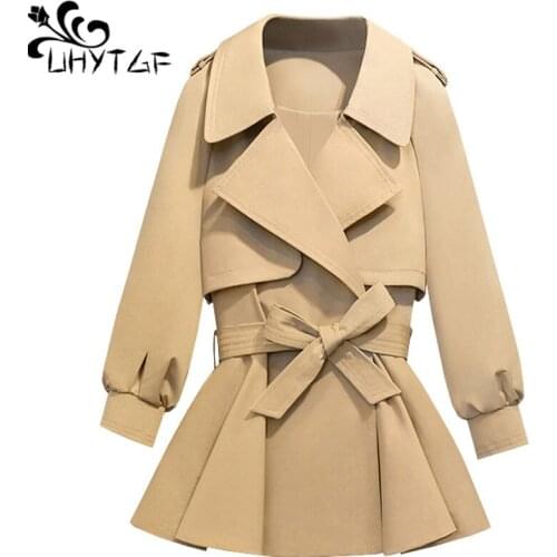 UHYTGF New Female Short Coat Autumn Jacket Women Fashion Belt Lantern sleeve Slim Ladies Windbreaker Outwears manteau femme773