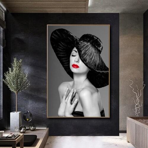 Modern Black and White Sexy Red Lips Female Mural Printing Fashion Women Poster Canvas Art Wall Painting Bedroom Home Decoration