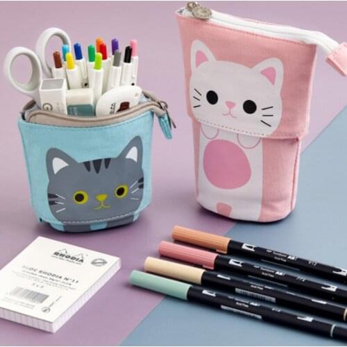 Pen Pencil Bag Case kawaii Cartoon Cute Cat Canvas Fold Standing Holder Stationery Organizer Kids Gift