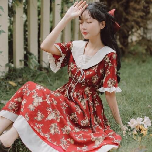 French Retro Floral Dress Summer Robe Femme Fashion Chic Wavy Doll Collar Sweet Kawaii Dress Printed Kimono Women