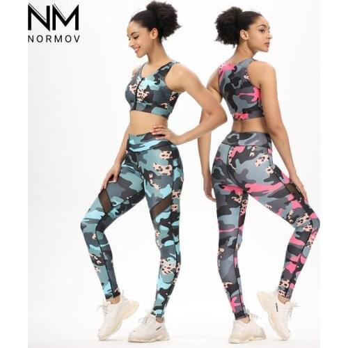 NORMOV Sports Two-Piece Suit Leopard Camouflage Round Neck Zipper Bra Hight Waist Elastic Net Yarn Leggings Fitness Sets Women