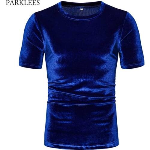 Royal Blue Velvet Velour T Shirt Men 2021 Brand Short Sleeve Slim Fit Mens Tshirts Hip Hop Hipster Streetwear Nightclub Camiseta