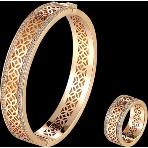 Zlxgirl jewelry Classic Women size Europe design bangle ring 2pc jewelry sets high womens Gold copper bracelet ring aneis VAZ