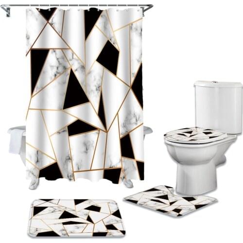 Marble Texture Black And White Triangle Shower Curtain Toilet Seat Cover Set Wc Accessories Mat Bathroom Decor Bath Curtains