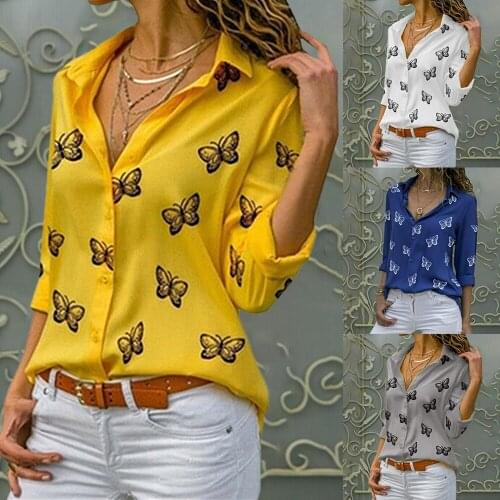 Fashion Womens Butterfly Print Blouse Shirt 2021 Spring Summer Casual Long Sleeve V Neck Ladies Buttons Tops Loose Blouses
