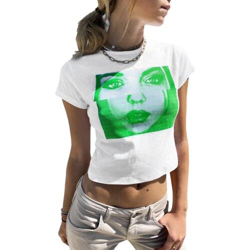 2021 Ladies Summer Round Collar T-shirt Creative Human Face Printing Short Sleeve Midriff-baring Tops Slim Base Shirt
