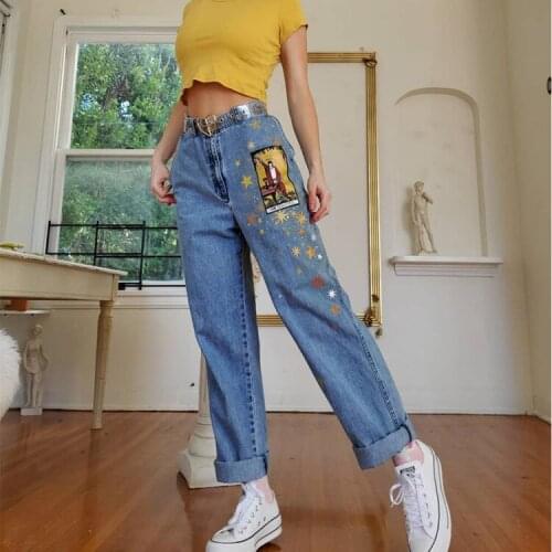 Womens Jeans Star Cartoons Pattern Printed 2020 Autumn Winter Denim Trousers Fit Young Girl Vintage Cute Female Jeans Pant Blue