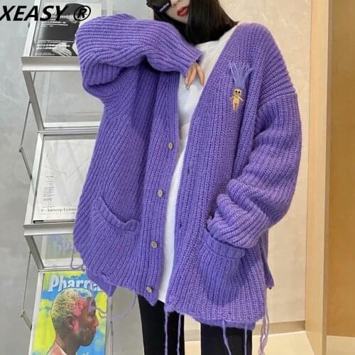 XEASY 2021 Women Fashion Purple Tassel Knitwear Cardigan Coat Vintage V Neck Single Breasted Female Sweet Soft Sweater Outerwear