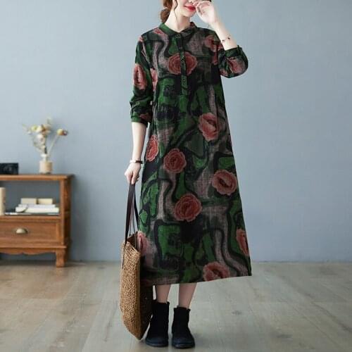 2021 New Arrival Tie Dye Print Fashion Women Casual Autumn Dress Cotton Linen Office Lady Work Dress Women Spring Midi Dress