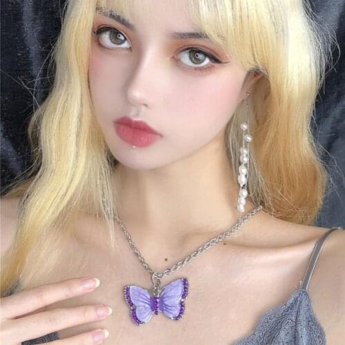 2021New Y2K Aesthetic Titanium Steel Butterfly Necklace Pendant for Woman Purple Green Blue Butterfly Necklace Jewelry Wholesale