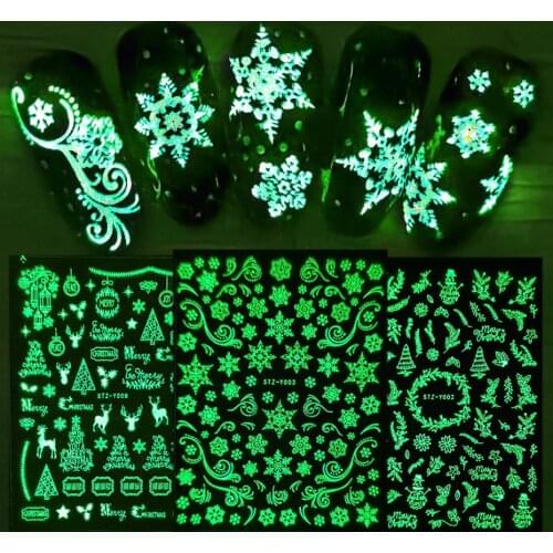 1pcs 3D Green Luminous Sticker for Nails Butterfly Flower Leaf Glow in The Dark Sliders White Nail Stickers Manicure 5g