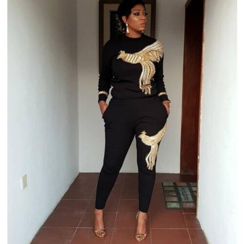 African Sets For Women Long Sleeve Beading Sequined African Elastic Bazin Baggy Pants Rock Style Dashiki Sleeve Famous Suit Lady