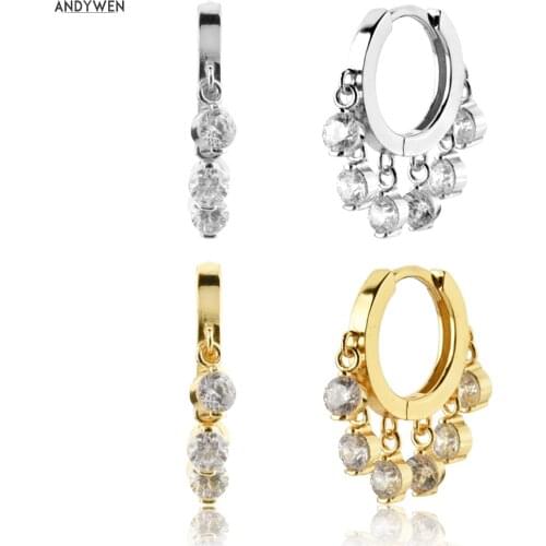 ANDYWEN 925 Sterling Silver 9.5mm Luxury Zircon Charm Drop Earring Clear Purple Piercing Five CZ Ohrringe Rock Punk Big Earring