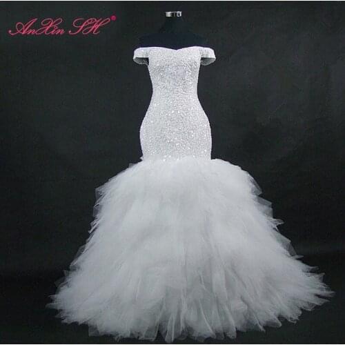 AnXin SH Luxury princess white lace mermaid wedding dress beading vintage boat neck beading crystal bride trumpet wedding dress