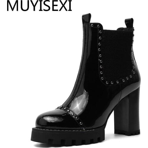 Platform Ankle Boots 9 cm High Heel Patent Leather Autumn Boots Women Boots Winter Shoes Women plus size 34-42 JGG05 MUYISEXI