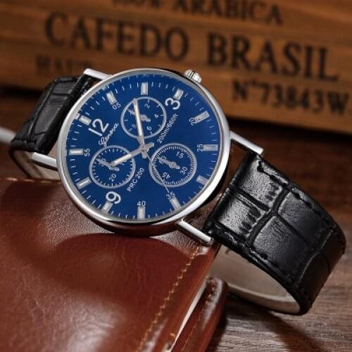GENEVA Blu-ray Glasses Fashion Business Mens Watches Leather Belt Quartz Wrist Watches Male Clock Reloj Hombre drop shipping