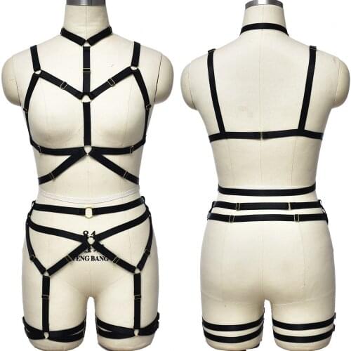 JLX.HARNESS Sexy Hollow Body Cage Bra Elastic Full Harness Body Suit Black Bondage Goth Garter Belt Women Adjust Body Harness