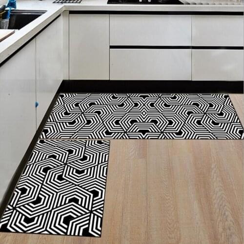 Kitchen Carpet Black White Geometric Bath Hallway Dirt-Resistant Doormat Non-Slip Machine Washable Durable Entrance Floor Mat