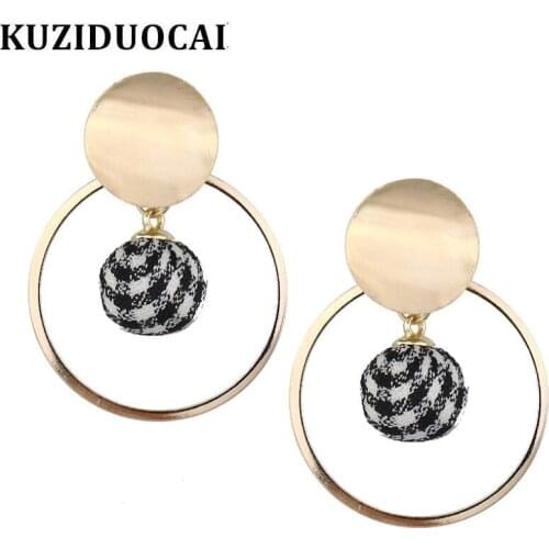 Kuziduocai New Fashion Jewelry Plaid Velvet Ball Circle Metal Statement Dangle Drop Earrings For Women Brincos Pendientes E-781