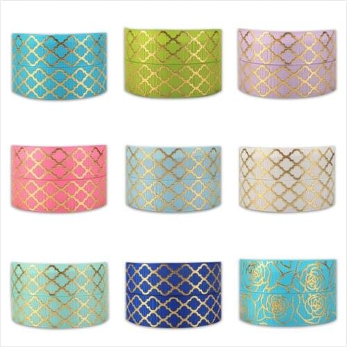 Grosgrain Gold Foil Print Diamond Ribbon 5yards 7/8" for DIY Bow Craft Gifts Wrapping Supplies