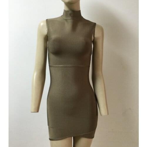 Summer Fashion Green Olive Sleeveless Turtleneck Rayon Mini Bodycon Bandage Dress