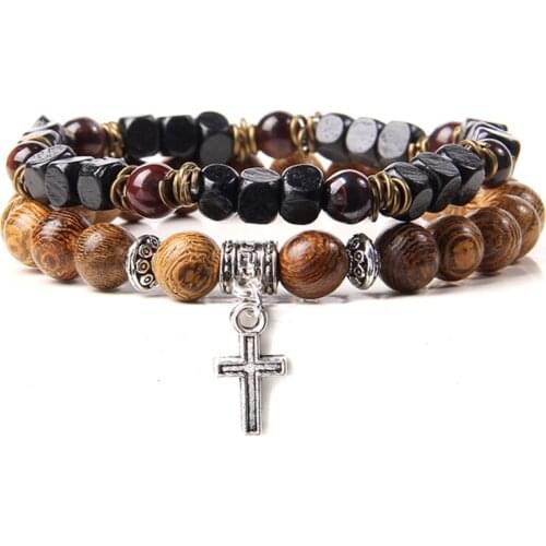 Hot 2pcs/set Men Bracelet Wood Beads Cross Pendant 7 Chakra Healing Balance Lava Bracelet for Women Prayer Buddha Jewelry Gifts