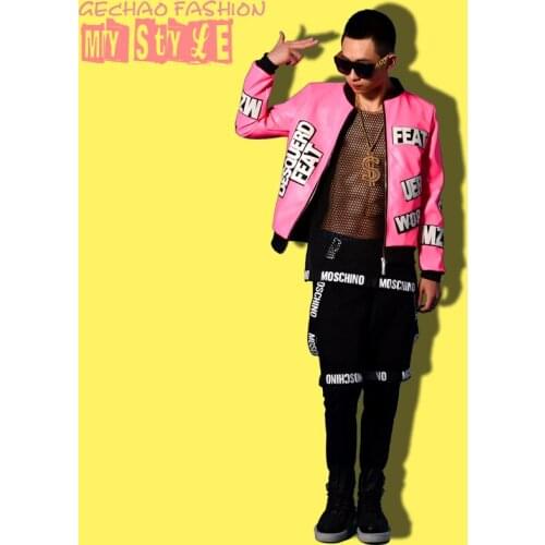 Nightclub male singer DJ Pink Leather jackets costumes Stage show singer dancer outwear