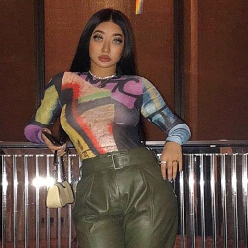 Street Style Custom Graffiti Print Slim Long-Sleeved Mesh Round Neck Shirt T-Shirt