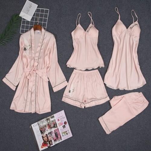 Women Pajamas 5 Piece Satin Sleepwear Pijama Silk Home Clothing Embroidery Sleep Lounge Pyjama With Chest Pads Pyjama Set