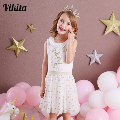 VIKITA Girl Princess Dress New Summer Kid Girls Dress Sleeveless Dresses Kids Party Butterfly Costumes Children Sequins Dresses