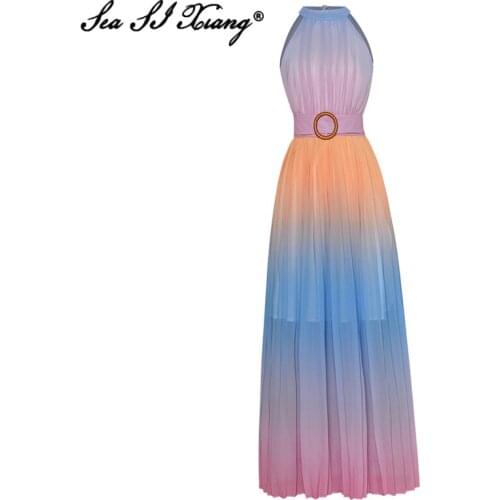 Seasixiang Fashion Designer Summer Maxi Dress Women Sleeveless Sashes Hit the Color Print Elastic Waist Pleated Party Long Dress