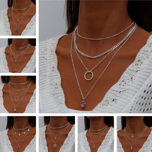 Tenande Bohemian Multi Layered Necklace for Women Vintage Portrait Coin Star Moon Pendant Necklace Geometric Collier Collares