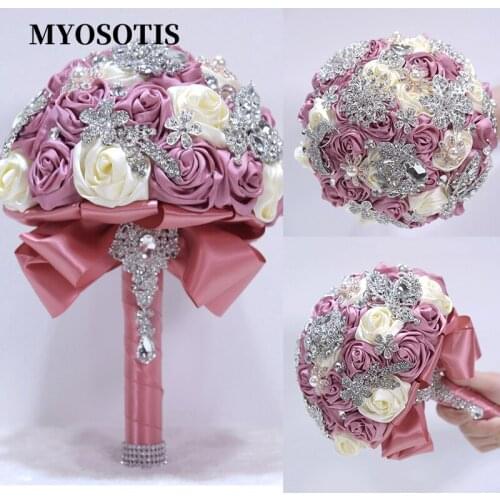 Gorgeous Royal Pink Ivory Mix Wedding Bouquet Crystal Rhinestones Artificial Satin Rose Bridal Flowers Wedding Accessories