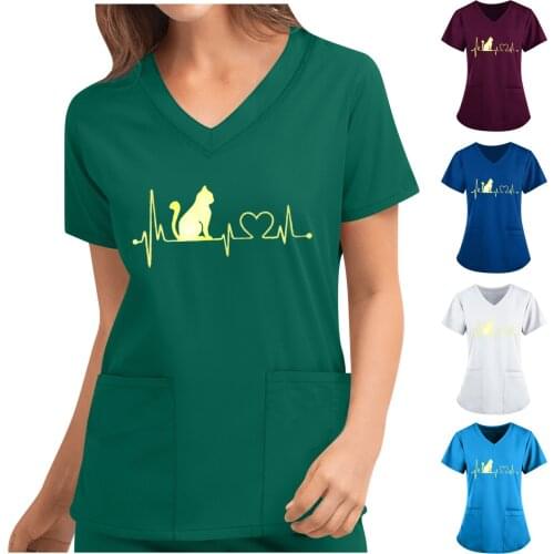 Womens Short Sleeve V-Neck Pocket Care Workers T-Shirt Tops Summer Workwear Tops Cat ECG Print Nurse Uniform Clinic Blouse